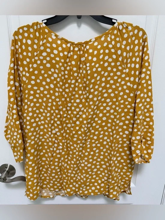 Grand & Greene Gold & White Polka Dot Blouse, Tab up sleeves, Size Large - Picture 2 of 5
